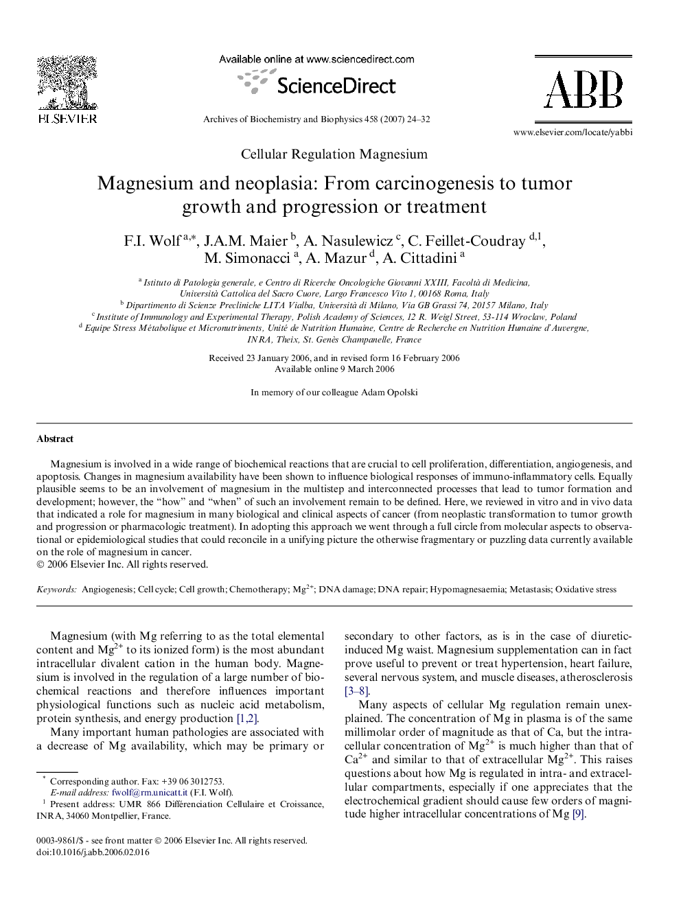 Magnesium and neoplasia: From carcinogenesis to tumor growth and progression or treatment