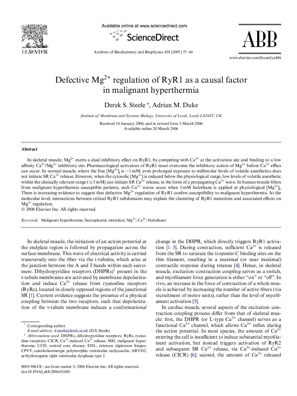 Defective Mg2+ regulation of RyR1 as a causal factor in malignant hyperthermia