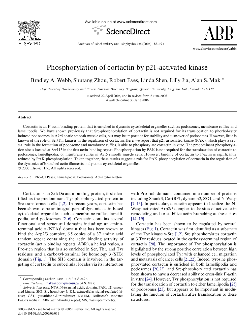 Phosphorylation of cortactin by p21-activated kinase