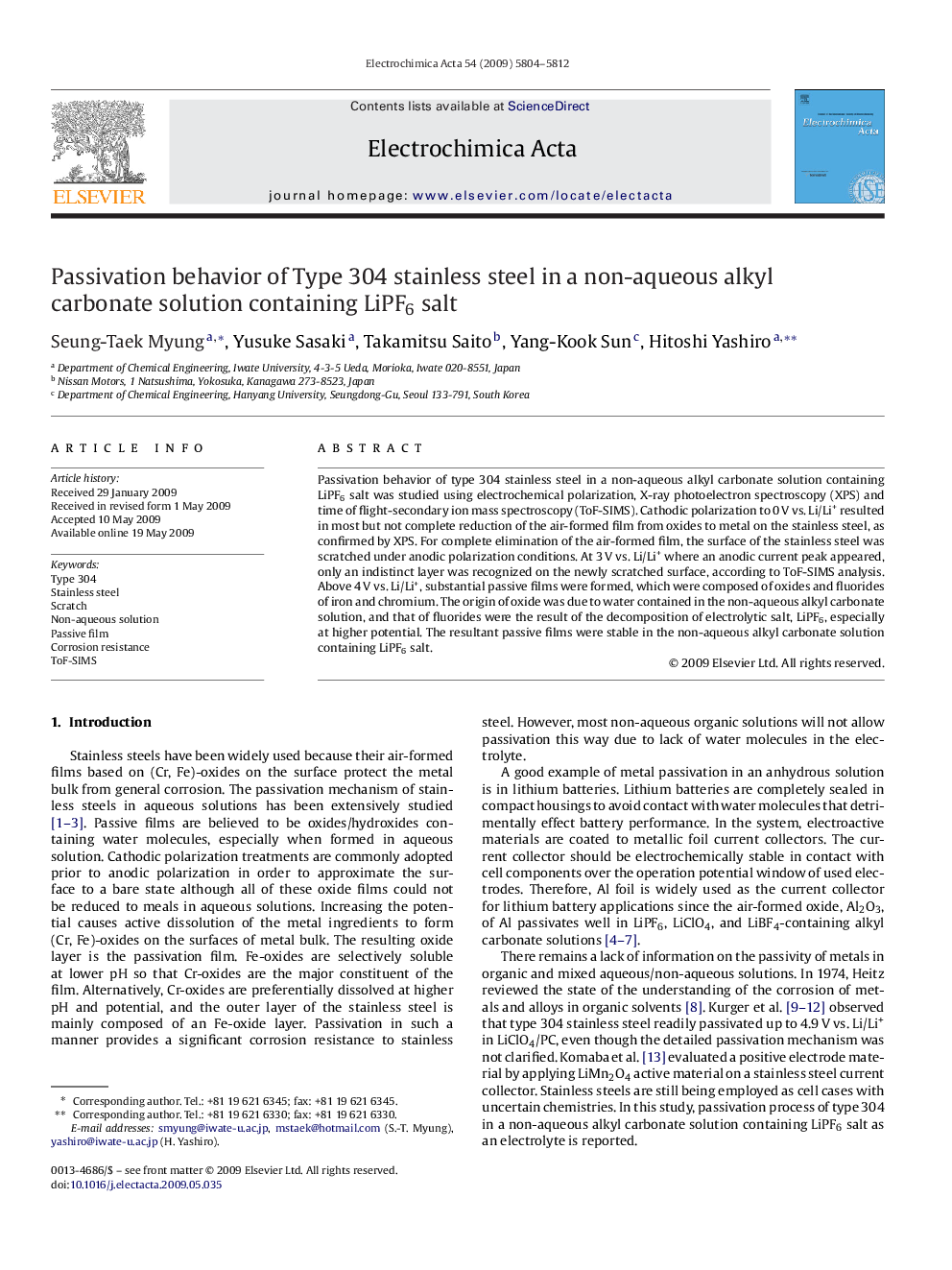 Passivation behavior of Type 304 stainless steel in a non-aqueous alkyl carbonate solution containing LiPF6 salt