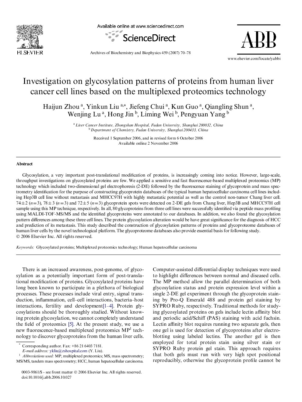 Investigation on glycosylation patterns of proteins from human liver cancer cell lines based on the multiplexed proteomics technology