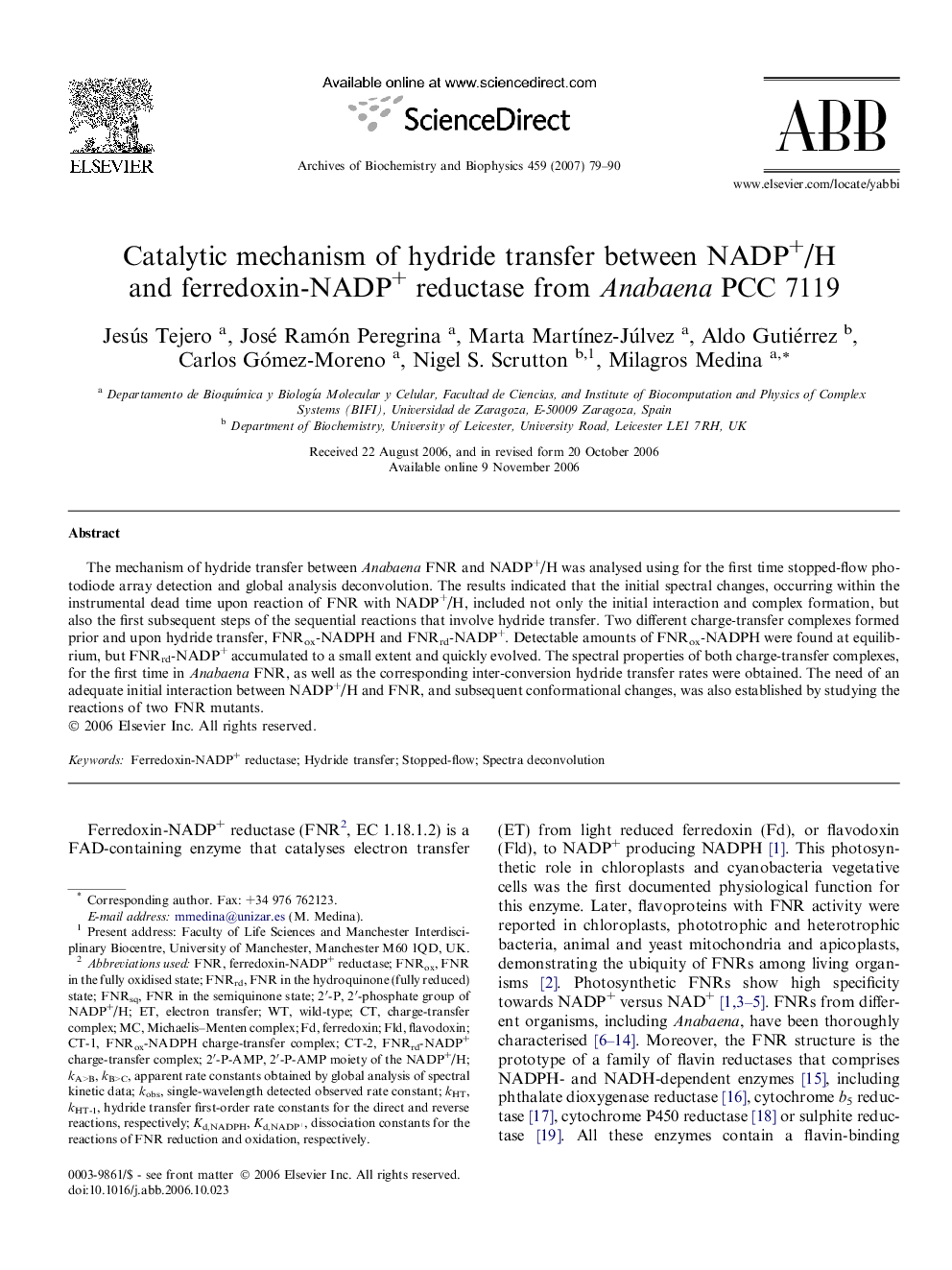 Catalytic mechanism of hydride transfer between NADP+/H and ferredoxin-NADP+ reductase from Anabaena PCC 7119