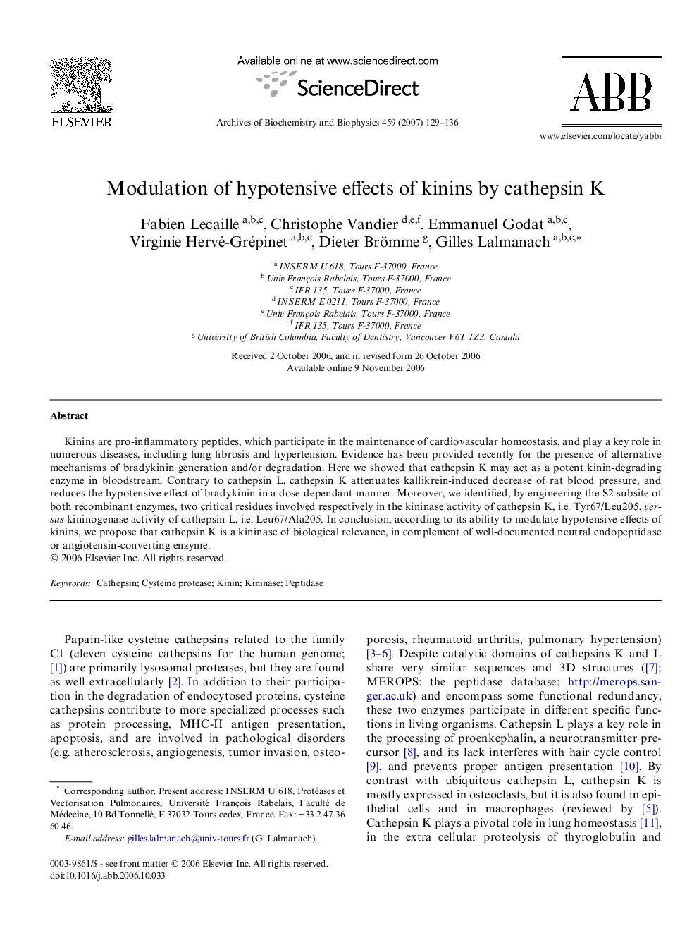 Modulation of hypotensive effects of kinins by cathepsin K