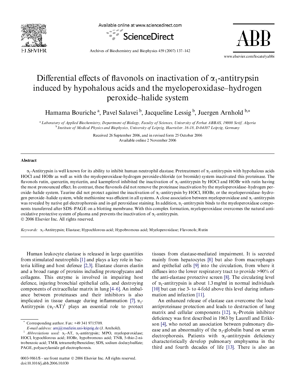 Differential effects of flavonols on inactivation of α1-antitrypsin induced by hypohalous acids and the myeloperoxidase–hydrogen peroxide–halide system