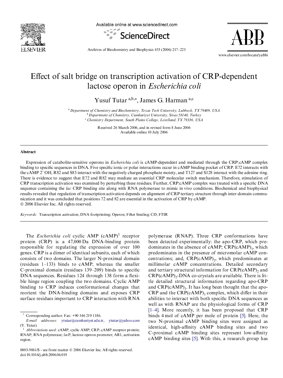 Effect of salt bridge on transcription activation of CRP-dependent lactose operon in Escherichia coli