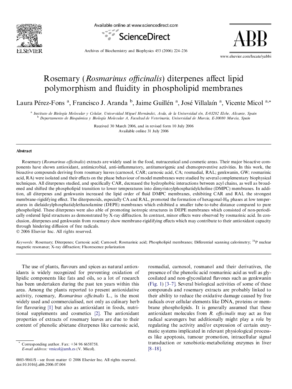 Rosemary (Rosmarinus officinalis) diterpenes affect lipid polymorphism and fluidity in phospholipid membranes