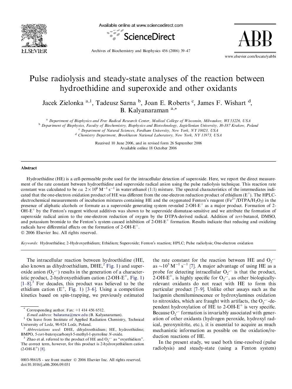 Pulse radiolysis and steady-state analyses of the reaction between hydroethidine and superoxide and other oxidants