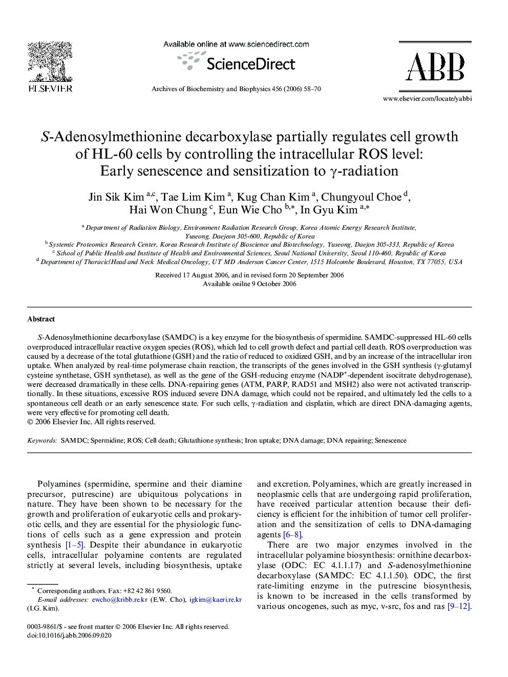 S-Adenosylmethionine decarboxylase partially regulates cell growth of HL-60 cells by controlling the intracellular ROS level: Early senescence and sensitization to γ-radiation