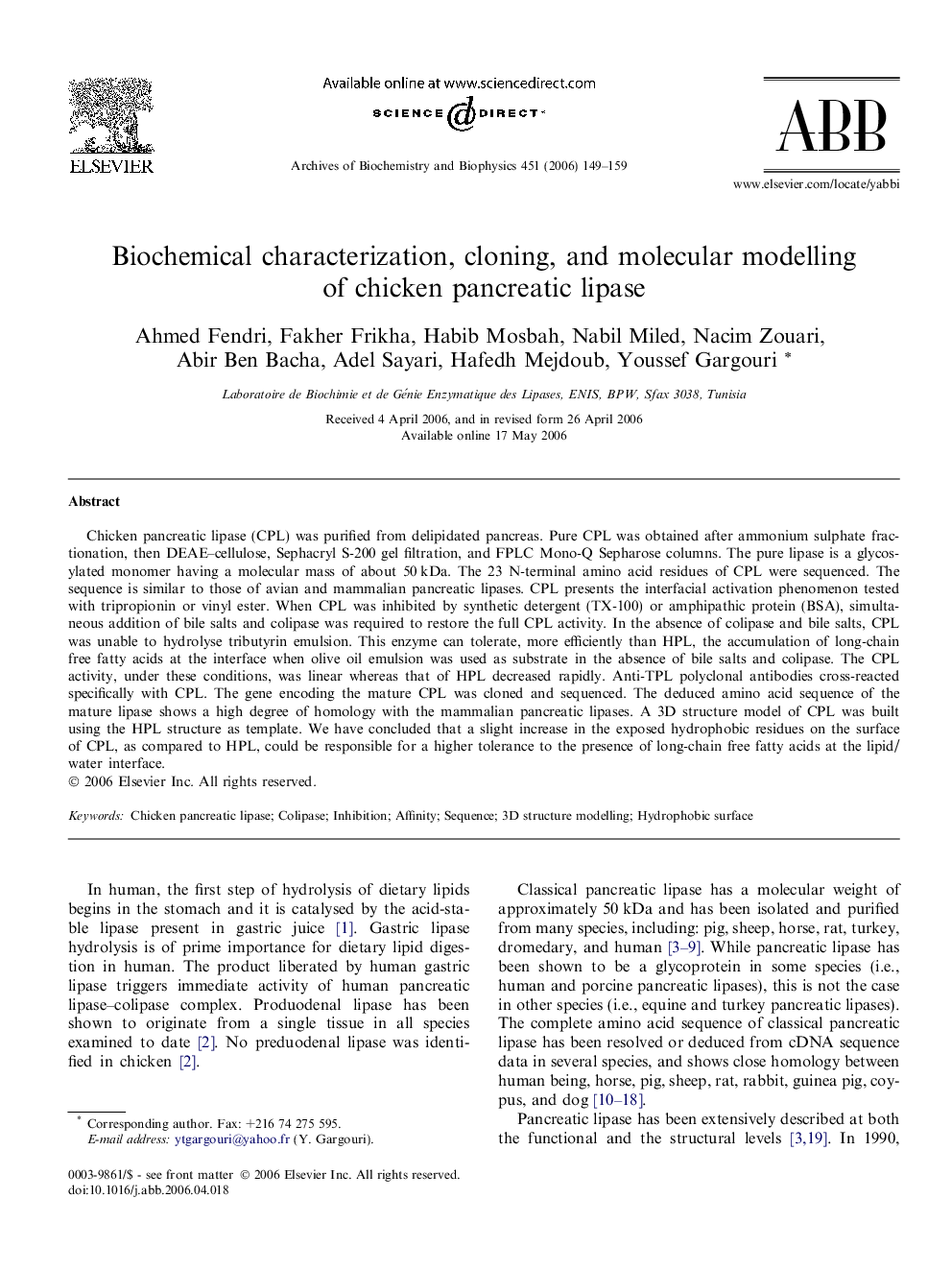 Biochemical characterization, cloning, and molecular modelling of chicken pancreatic lipase