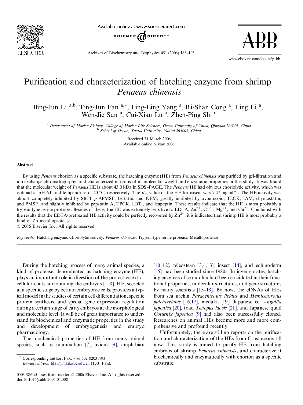 Purification and characterization of hatching enzyme from shrimp Penaeus chinensis