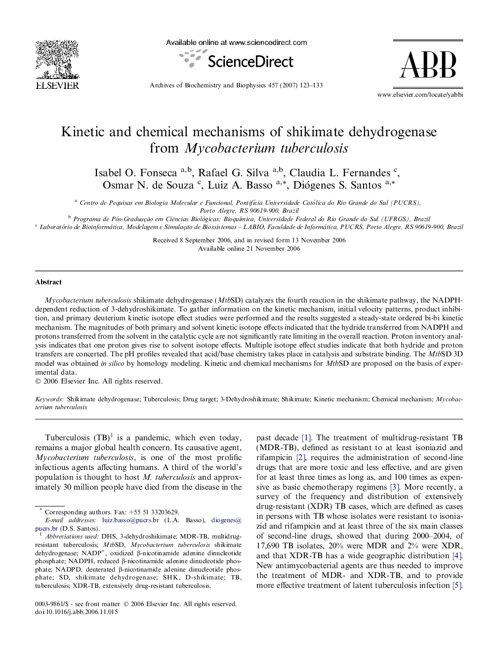 Kinetic and chemical mechanisms of shikimate dehydrogenase from Mycobacterium tuberculosis