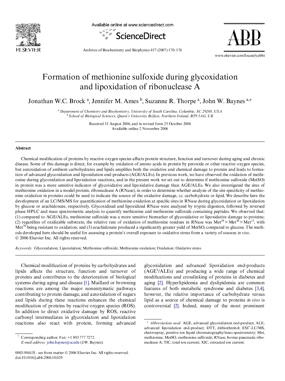 Formation of methionine sulfoxide during glycoxidation and lipoxidation of ribonuclease A