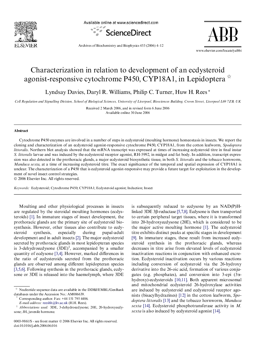 Characterization in relation to development of an ecdysteroid agonist-responsive cytochrome P450, CYP18A1, in Lepidoptera 