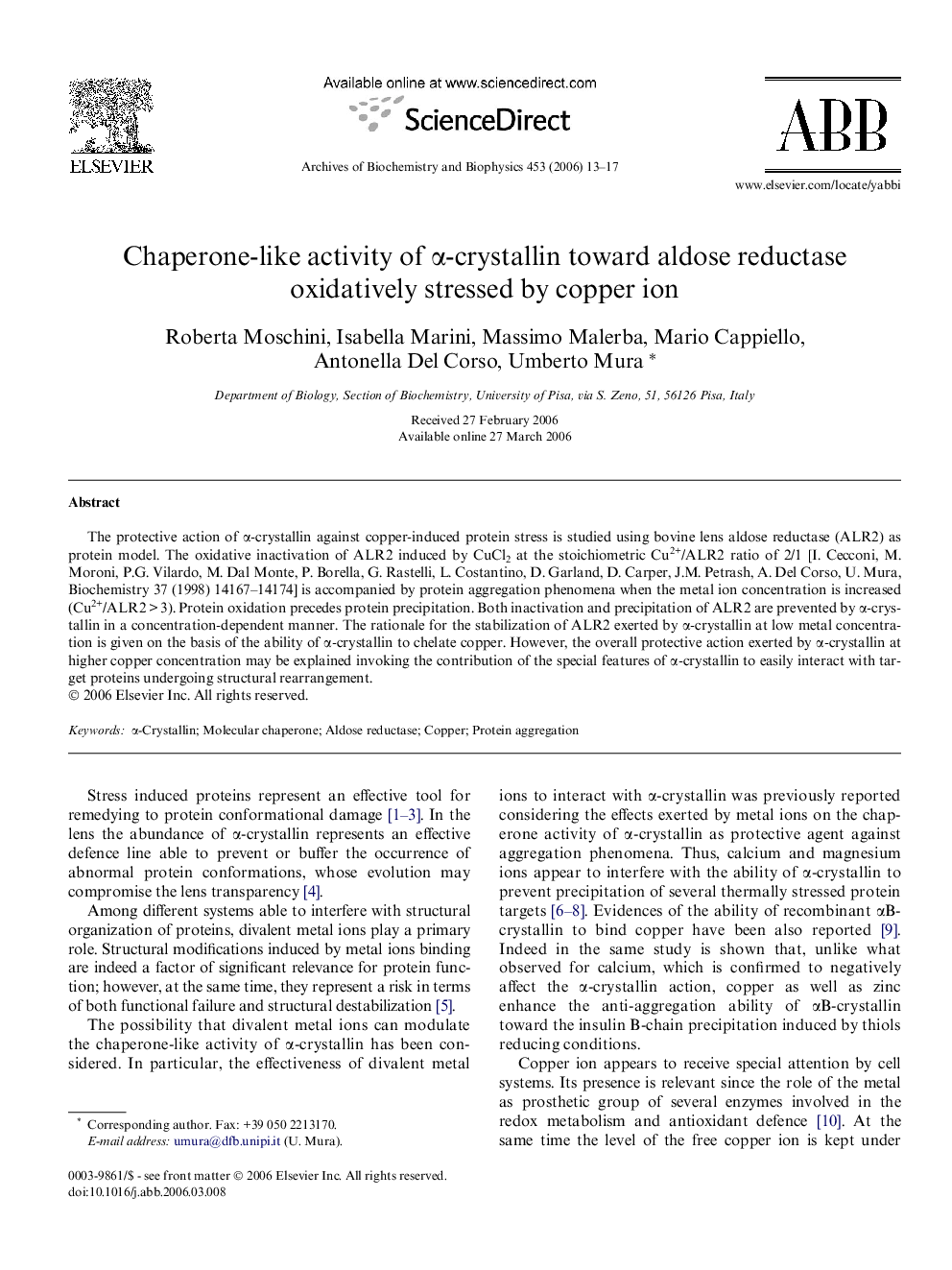 Chaperone-like activity of α-crystallin toward aldose reductase oxidatively stressed by copper ion