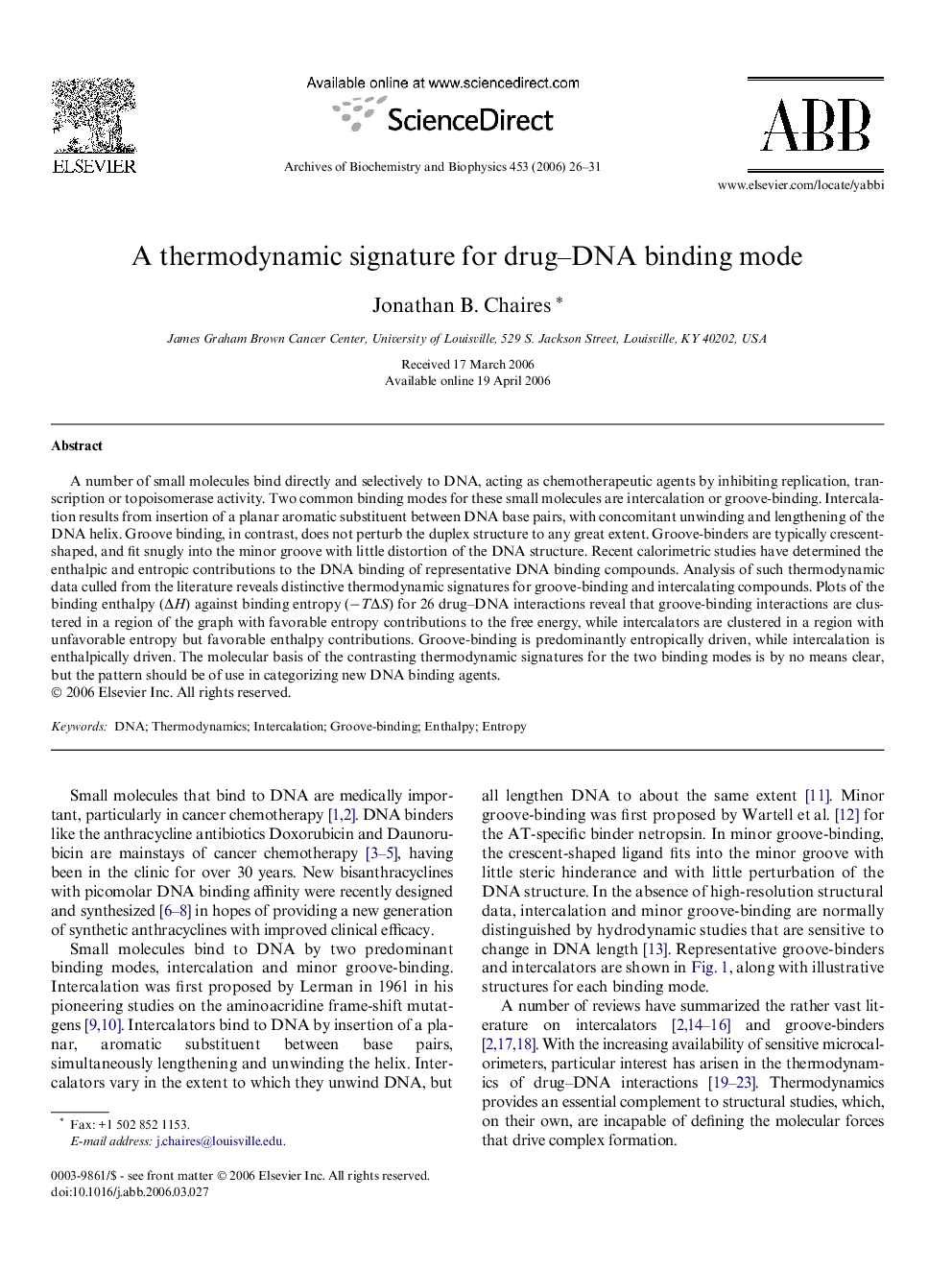 A thermodynamic signature for drug–DNA binding mode