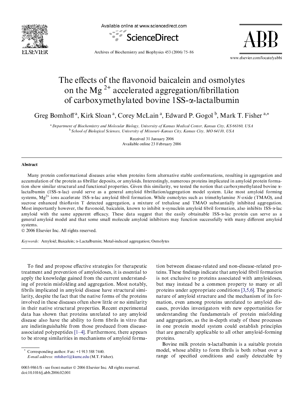 The effects of the flavonoid baicalein and osmolytes on the Mg 2+ accelerated aggregation/fibrillation of carboxymethylated bovine 1SS-α-lactalbumin