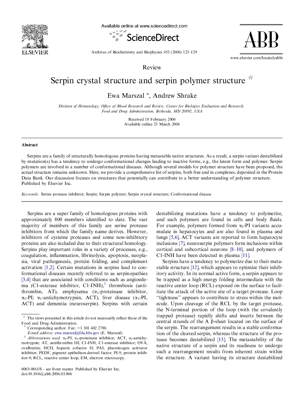 Serpin crystal structure and serpin polymer structure 