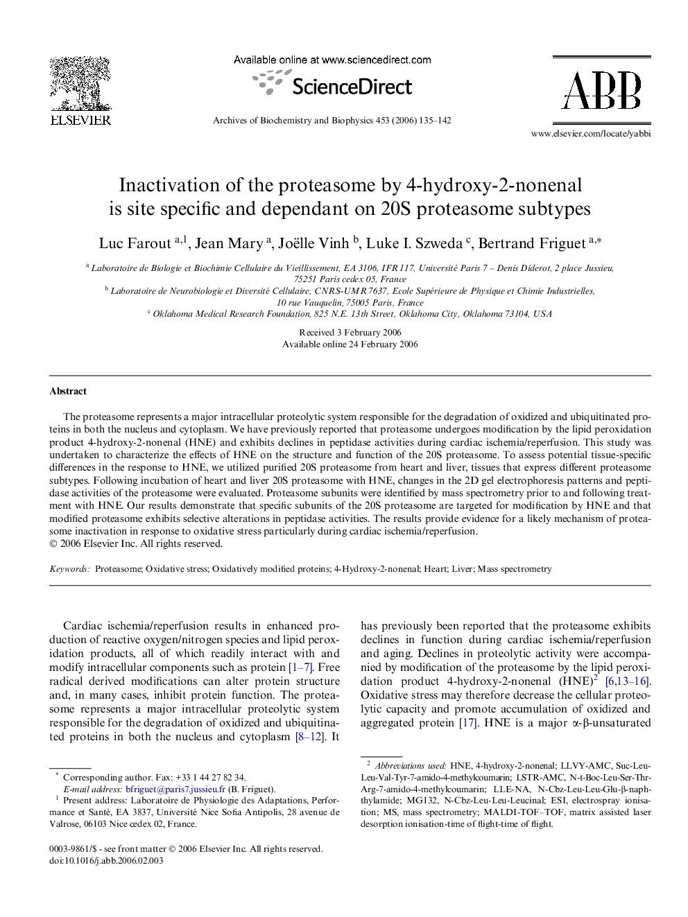 Inactivation of the proteasome by 4-hydroxy-2-nonenal is site specific and dependant on 20S proteasome subtypes