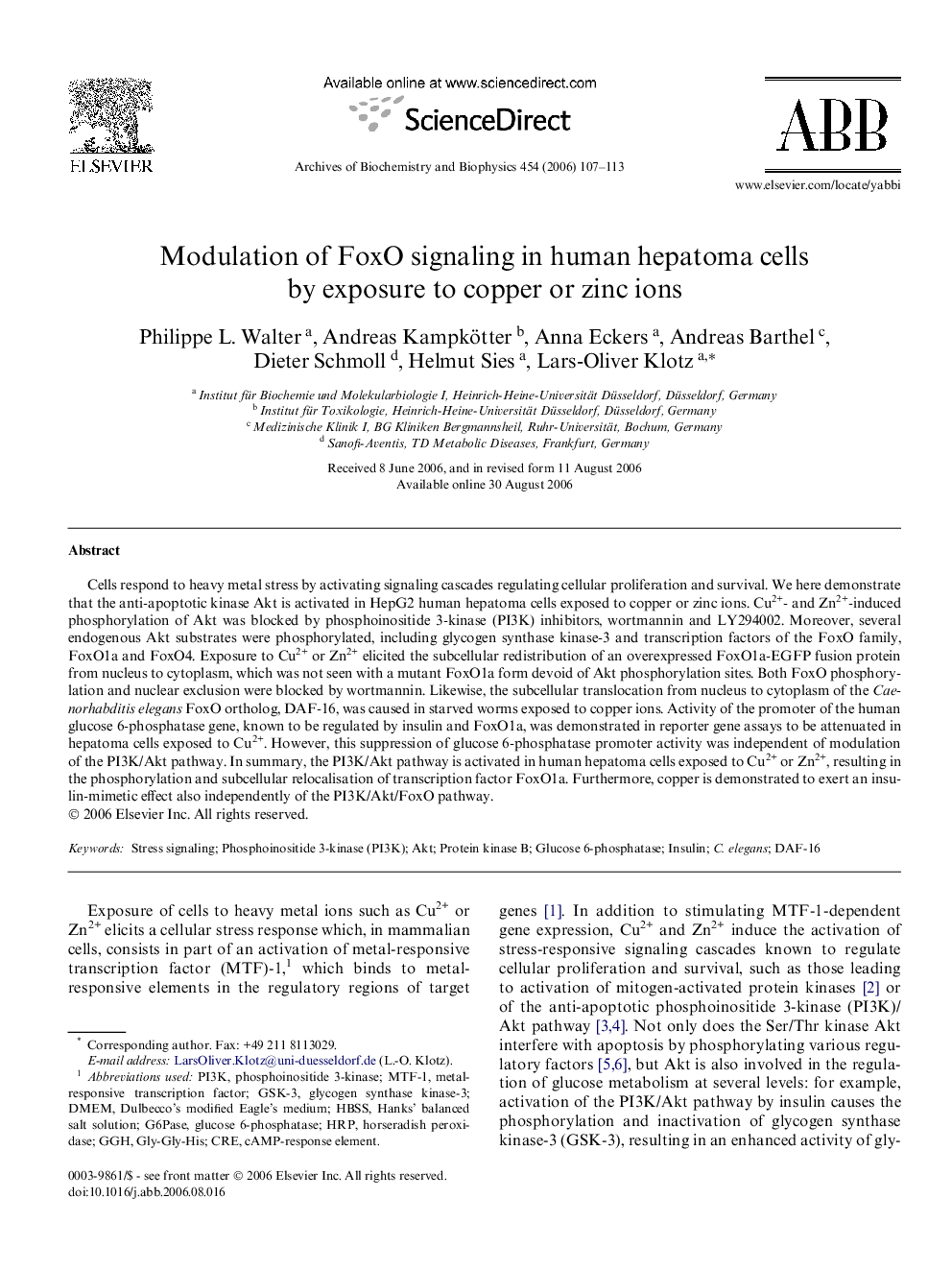 Modulation of FoxO signaling in human hepatoma cells by exposure to copper or zinc ions