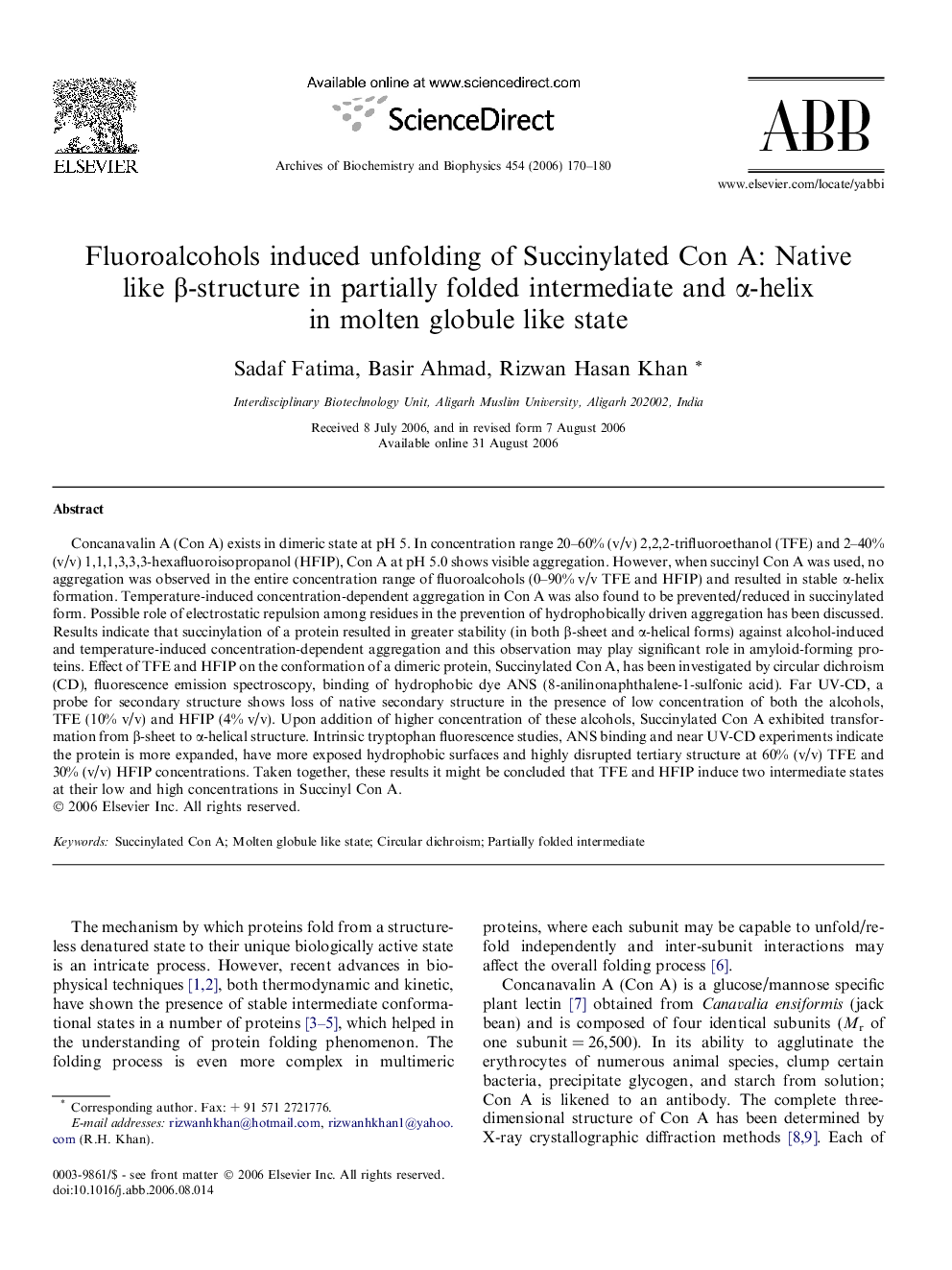 Fluoroalcohols induced unfolding of Succinylated Con A: Native like β-structure in partially folded intermediate and α-helix in molten globule like state