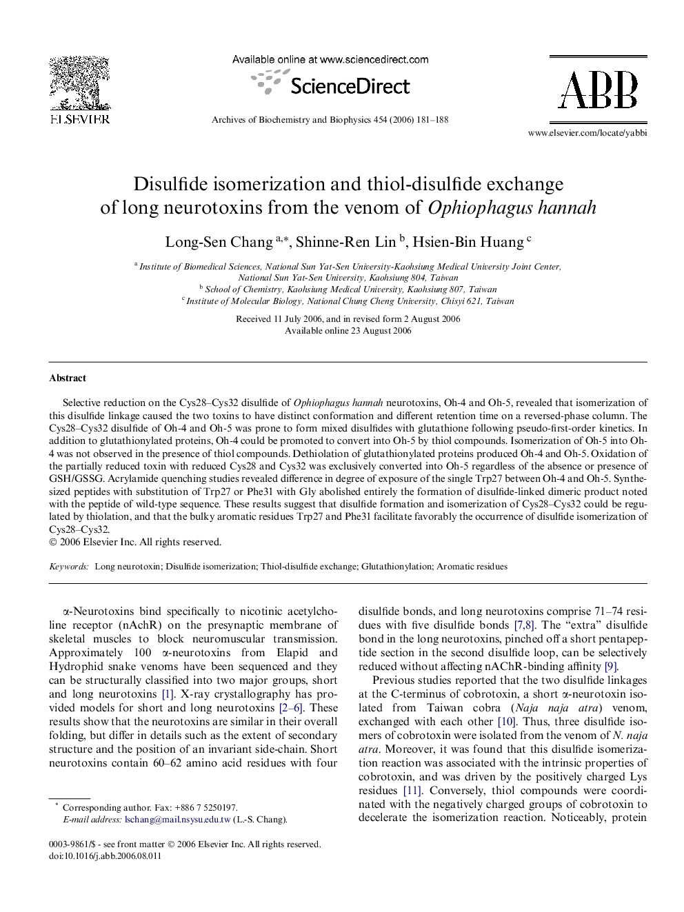 Disulfide isomerization and thiol-disulfide exchange of long neurotoxins from the venom of Ophiophagus hannah