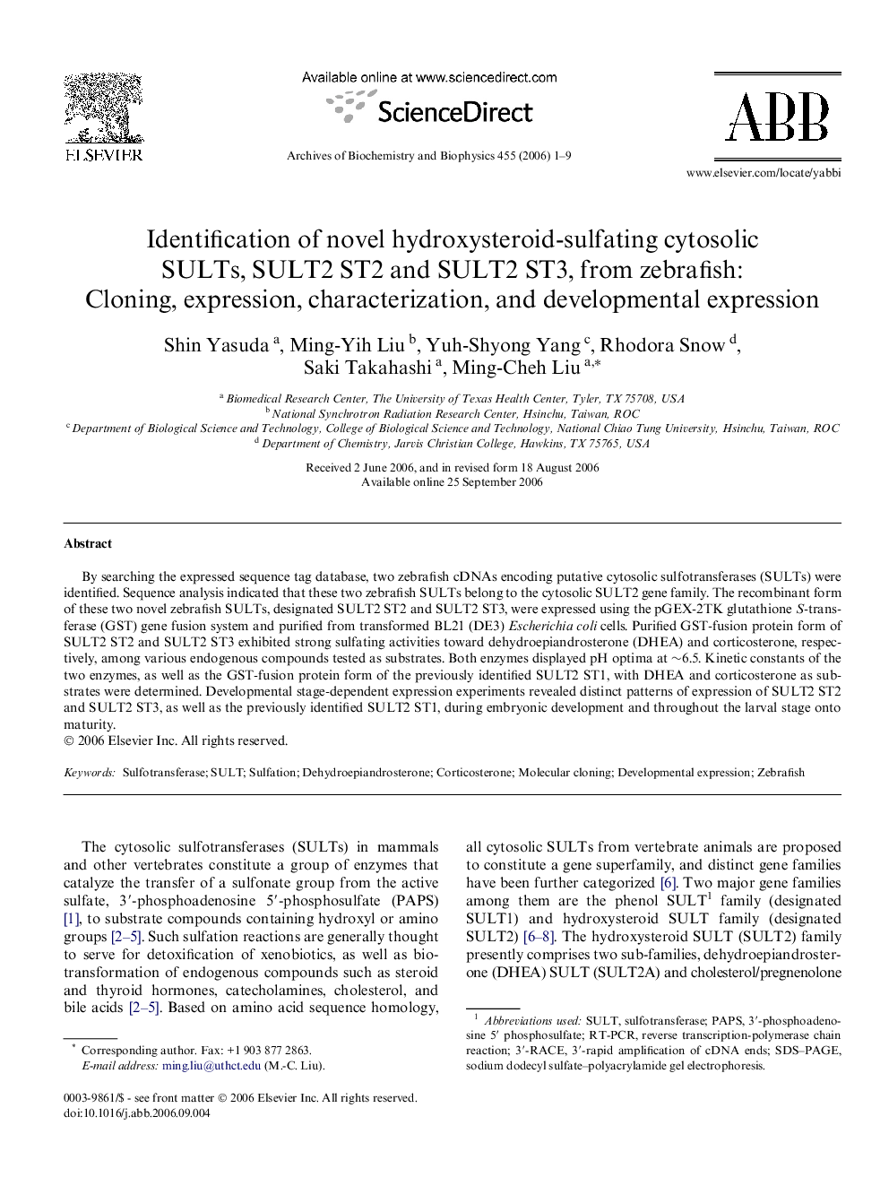 Identification of novel hydroxysteroid-sulfating cytosolic SULTs, SULT2 ST2 and SULT2 ST3, from zebrafish: Cloning, expression, characterization, and developmental expression