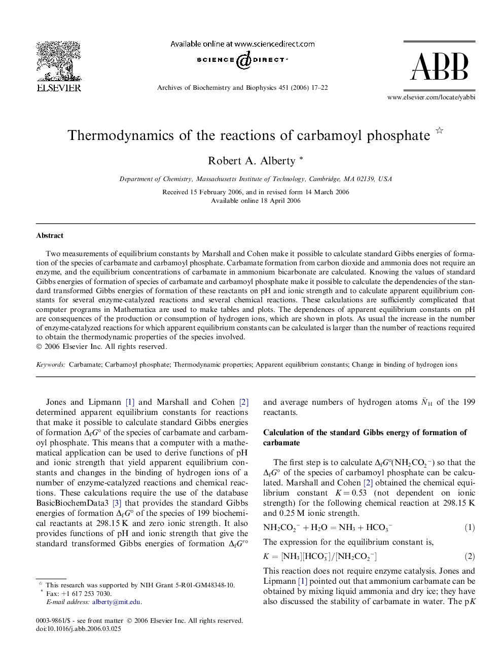 Thermodynamics of the reactions of carbamoyl phosphate 