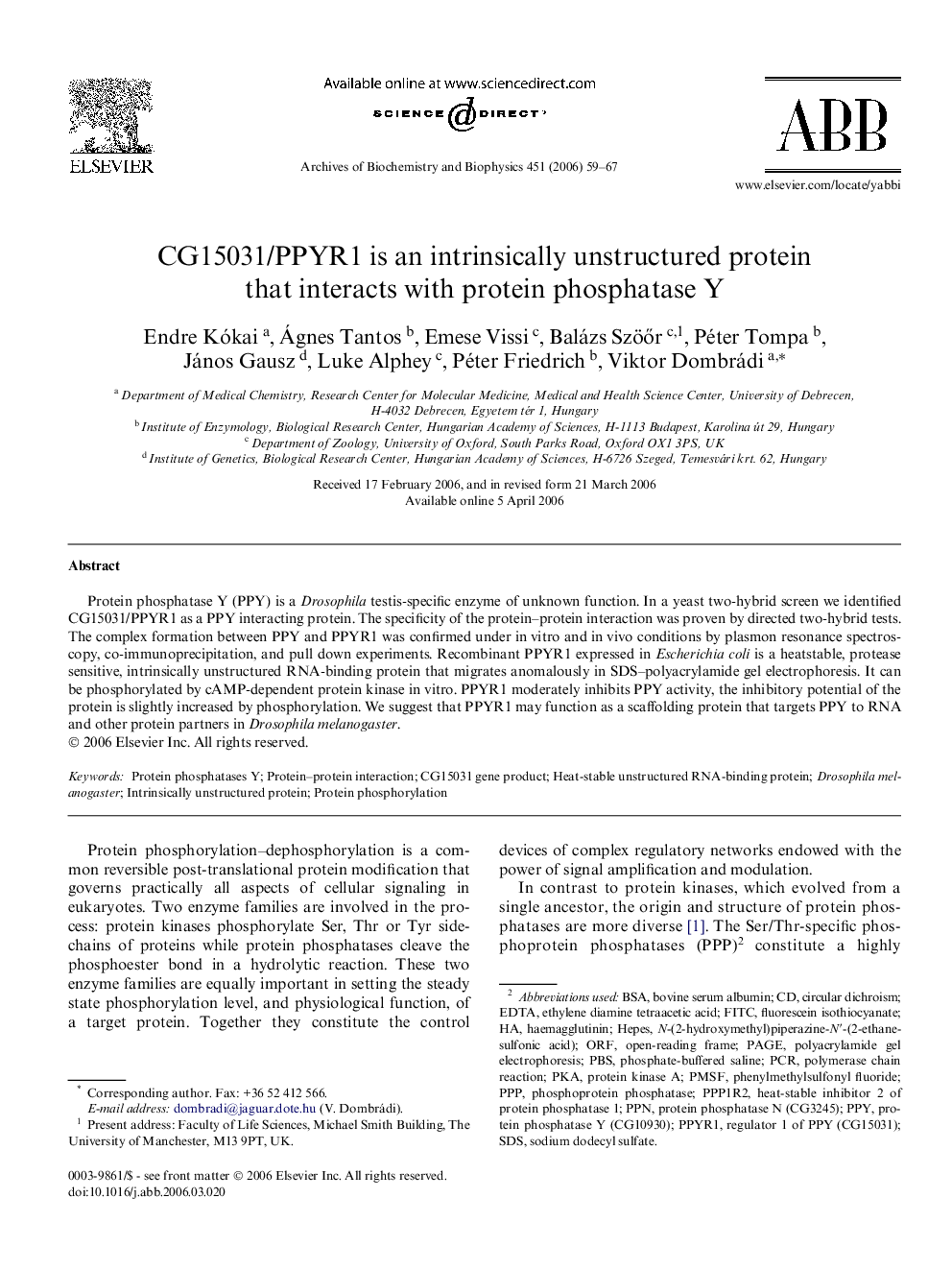 CG15031/PPYR1 is an intrinsically unstructured protein that interacts with protein phosphatase Y