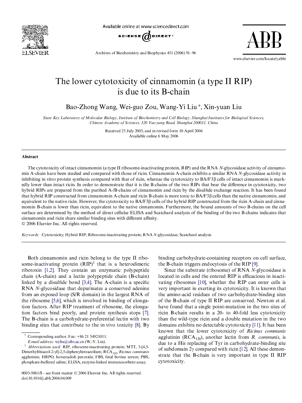 The lower cytotoxicity of cinnamomin (a type II RIP) is due to its B-chain