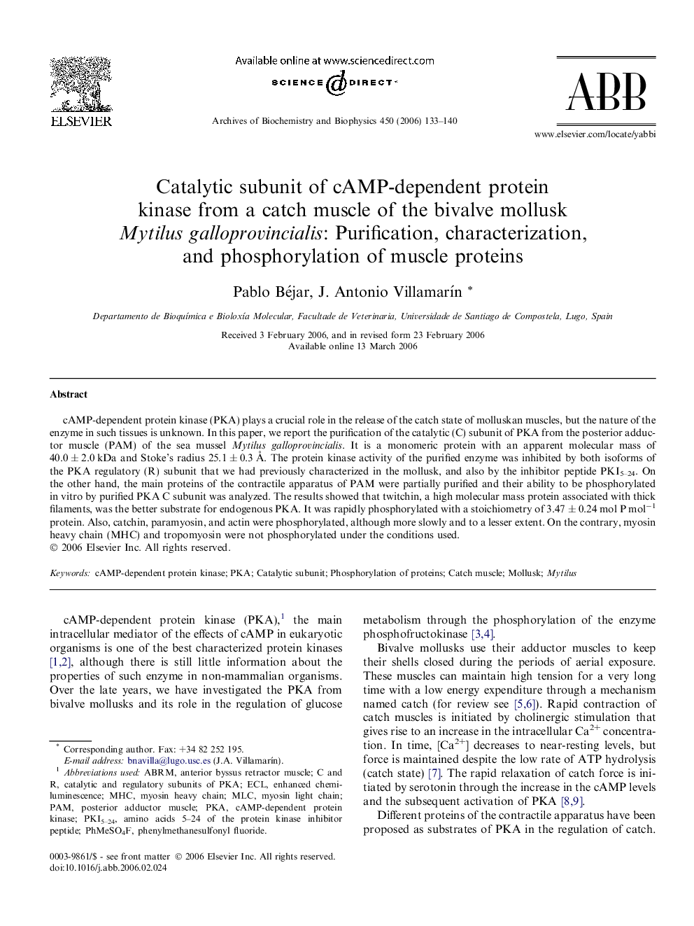 Catalytic subunit of cAMP-dependent protein kinase from a catch muscle of the bivalve mollusk Mytilus galloprovincialis: Purification, characterization, and phosphorylation of muscle proteins