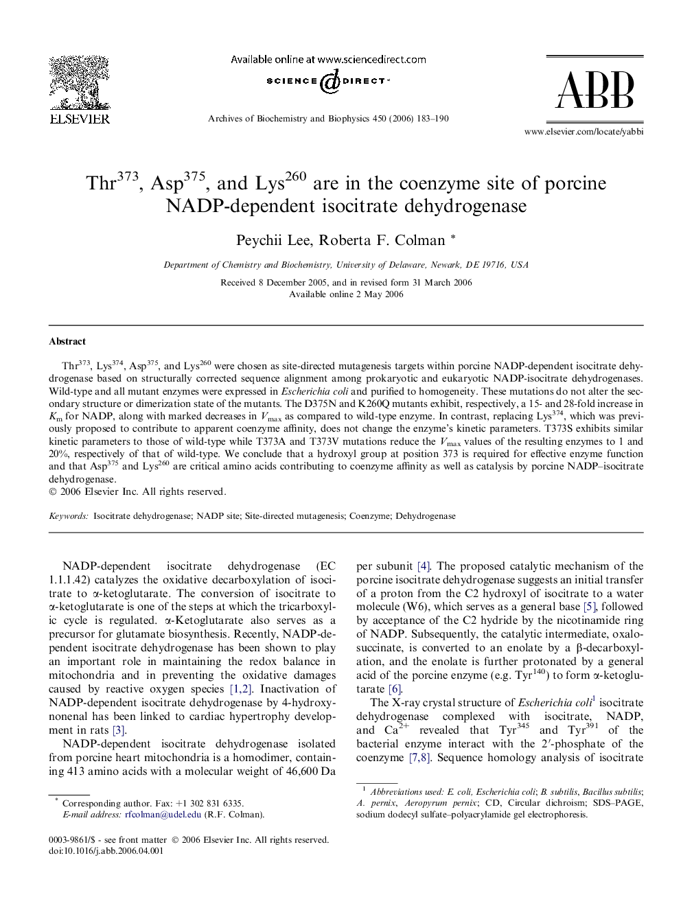 Thr373, Asp375, and Lys260 are in the coenzyme site of porcine NADP-dependent isocitrate dehydrogenase