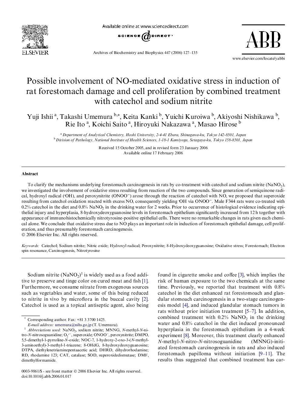 Possible involvement of NO-mediated oxidative stress in induction of rat forestomach damage and cell proliferation by combined treatment with catechol and sodium nitrite