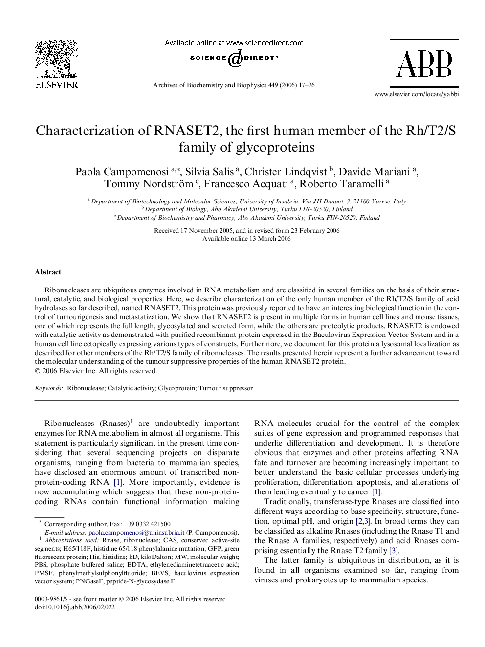 Characterization of RNASET2, the first human member of the Rh/T2/S family of glycoproteins