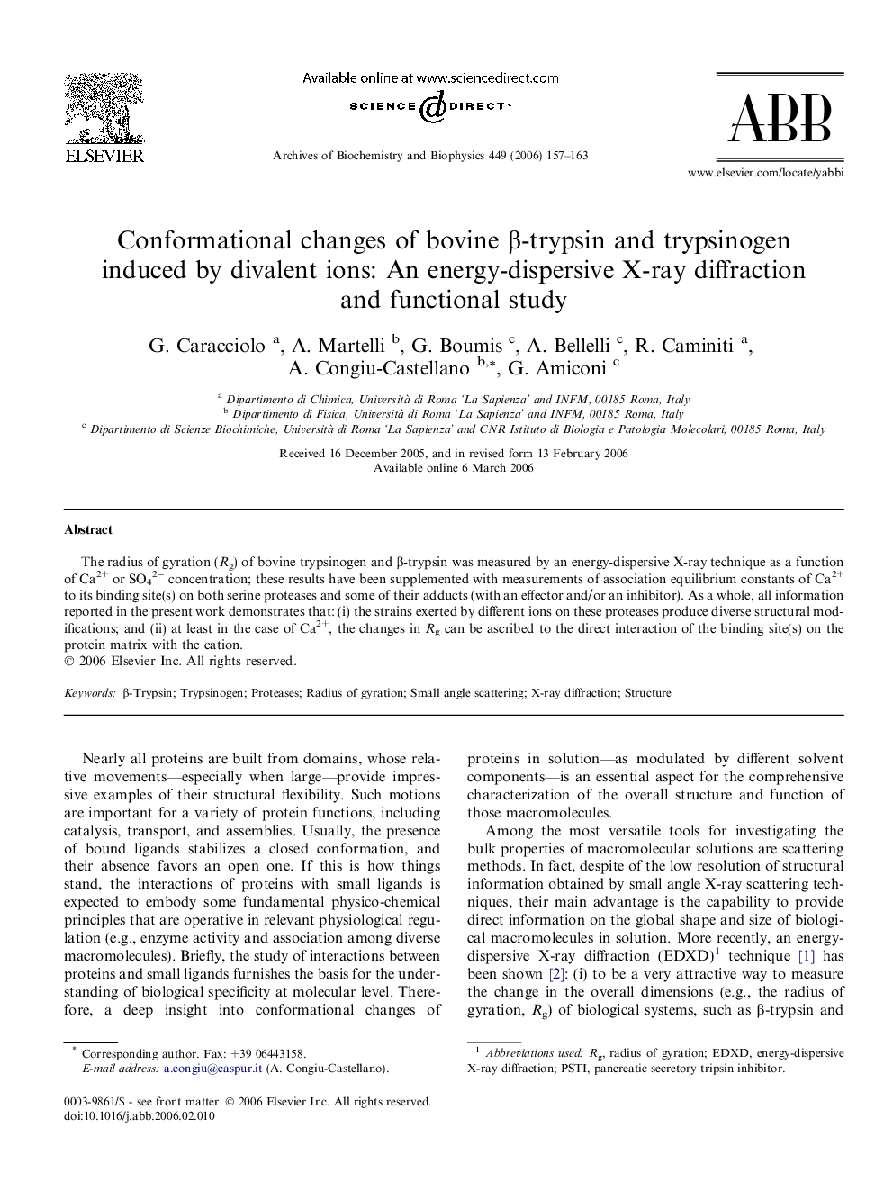 Conformational changes of bovine Î²-trypsin and trypsinogen induced by divalent ions: An energy-dispersive X-ray diffraction and functional study