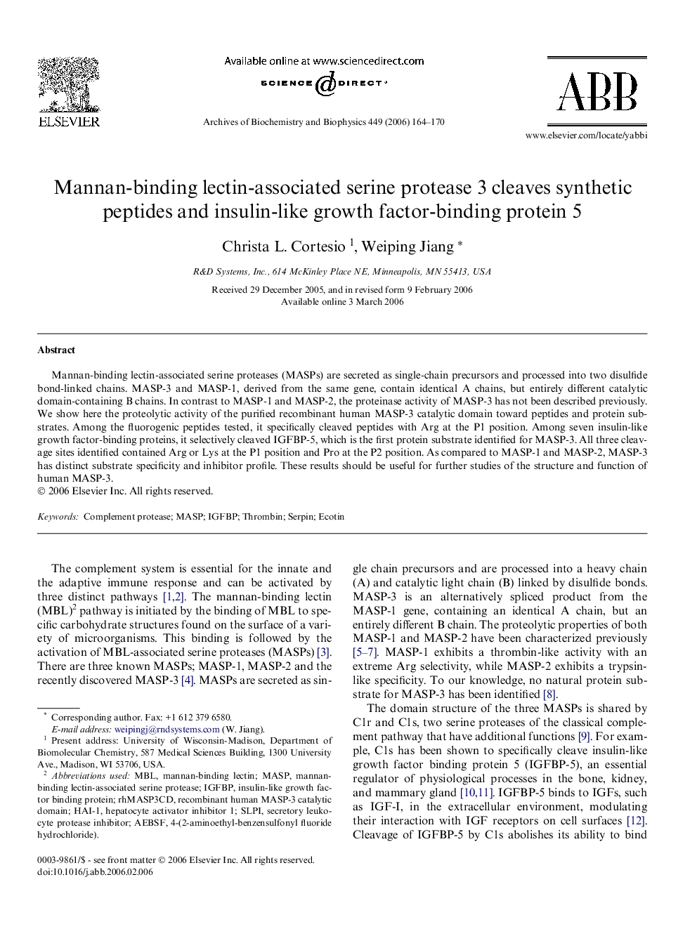 Mannan-binding lectin-associated serine protease 3 cleaves synthetic peptides and insulin-like growth factor-binding protein 5