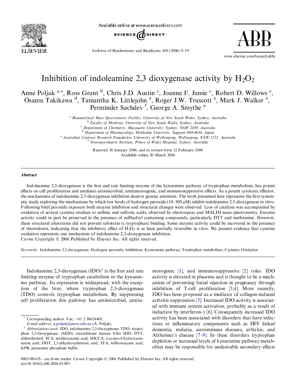 عکس صفحه اول مقاله: Inhibition of indoleamine 2,3 dioxygenase activity by H2O2 Inhibition of indoleamine 2,3 dioxygenase activity by H2O2
