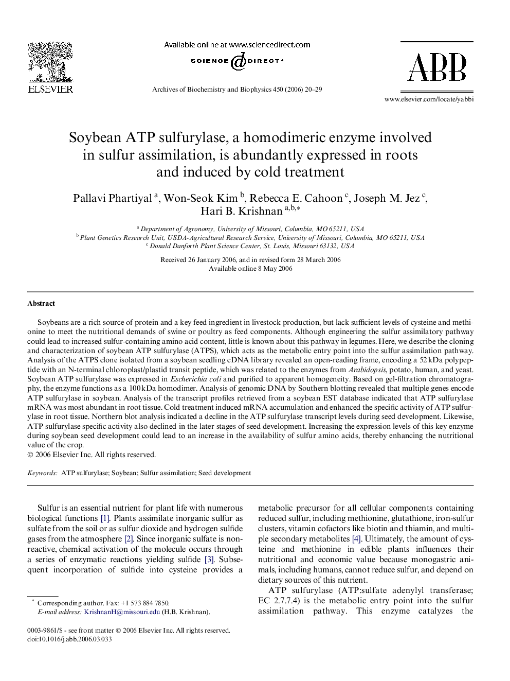 Soybean ATP sulfurylase, a homodimeric enzyme involved in sulfur assimilation, is abundantly expressed in roots and induced by cold treatment