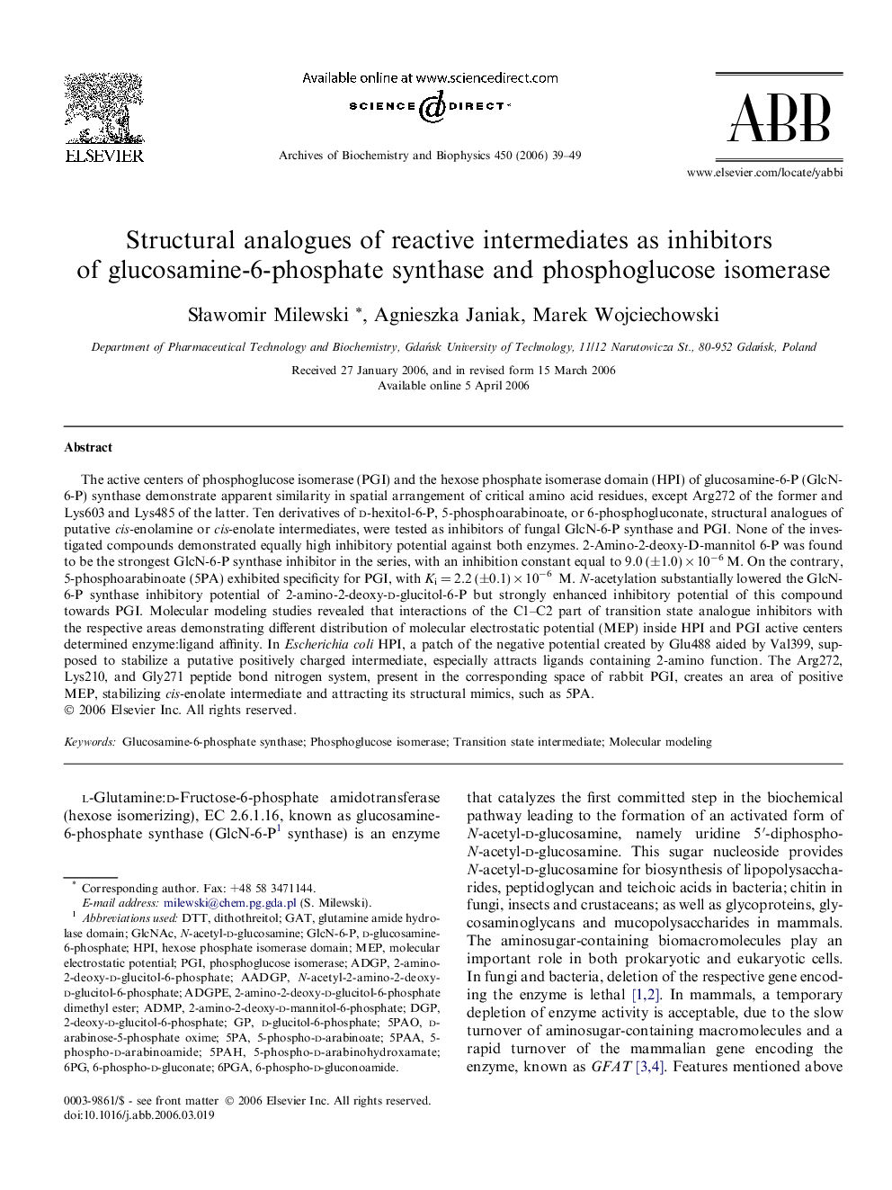 Structural analogues of reactive intermediates as inhibitors of glucosamine-6-phosphate synthase and phosphoglucose isomerase