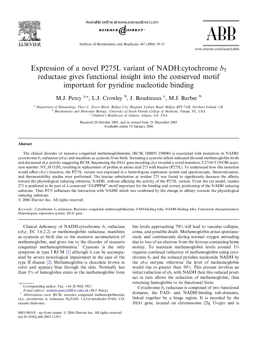 Expression of a novel P275L variant of NADH:cytochrome b5 reductase gives functional insight into the conserved motif important for pyridine nucleotide binding