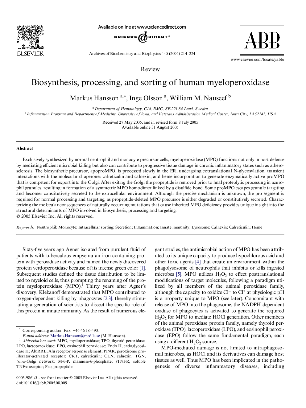 Biosynthesis, processing, and sorting of human myeloperoxidase