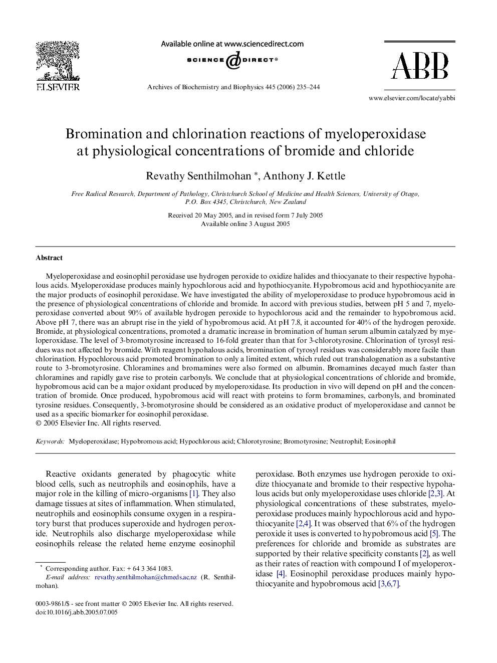 Bromination and chlorination reactions of myeloperoxidase at physiological concentrations of bromide and chloride