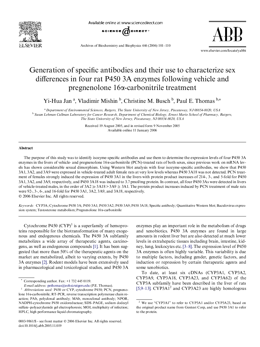 Generation of specific antibodies and their use to characterize sex differences in four rat P450 3A enzymes following vehicle and pregnenolone 16α-carbonitrile treatment