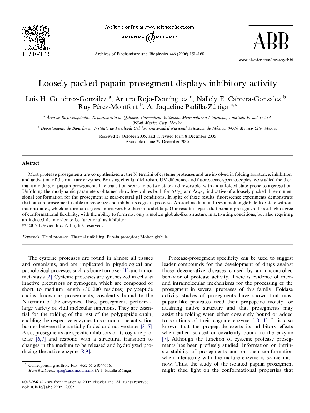 Loosely packed papain prosegment displays inhibitory activity