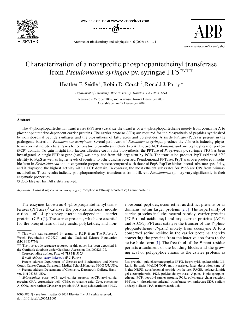 Characterization of a nonspecific phosphopantetheinyl transferase from Pseudomonas syringae pv. syringae FF5 