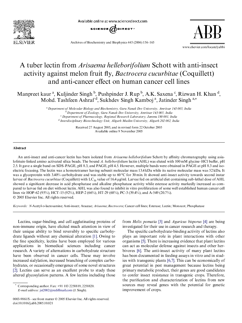 A tuber lectin from Arisaema helleborifolium Schott with anti-insect activity against melon fruit fly, Bactrocera cucurbitae (Coquillett) and anti-cancer effect on human cancer cell lines