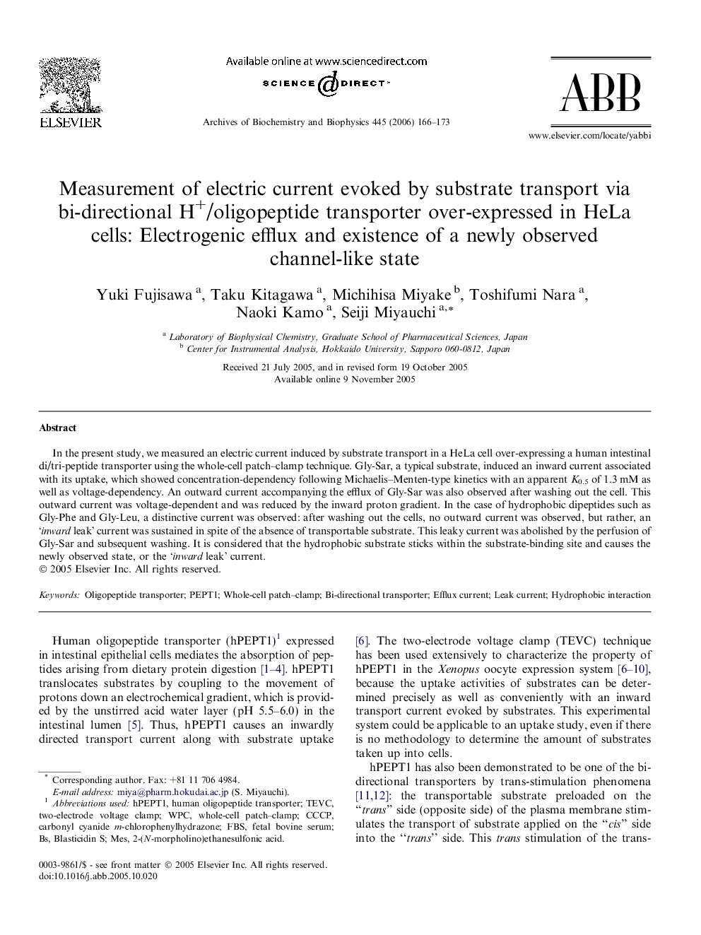 Measurement of electric current evoked by substrate transport via bi-directional H+/oligopeptide transporter over-expressed in HeLa cells: Electrogenic efflux and existence of a newly observed channel-like state