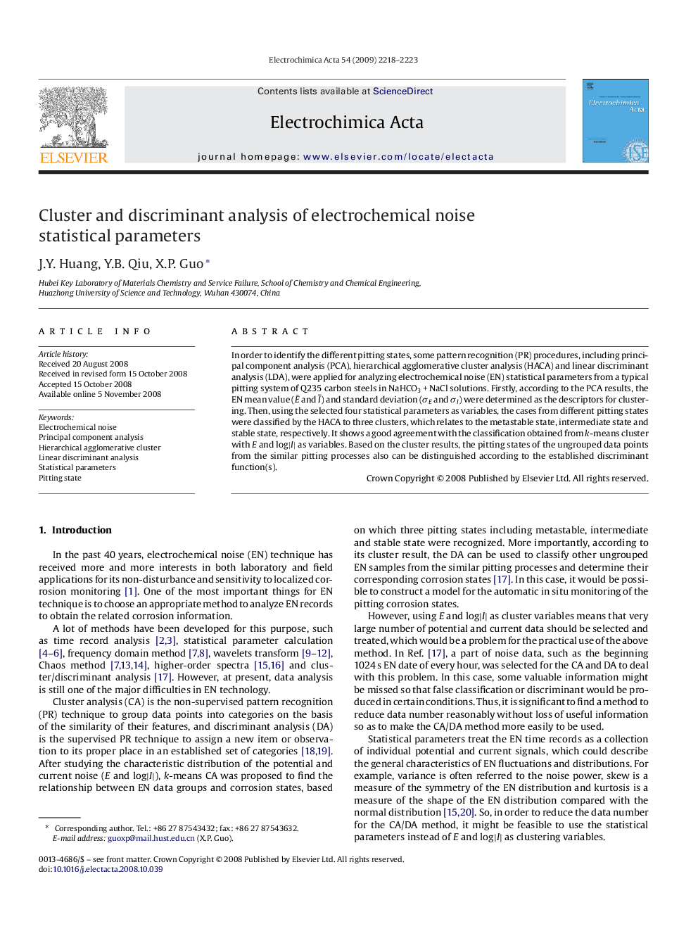 Cluster and discriminant analysis of electrochemical noise statistical parameters