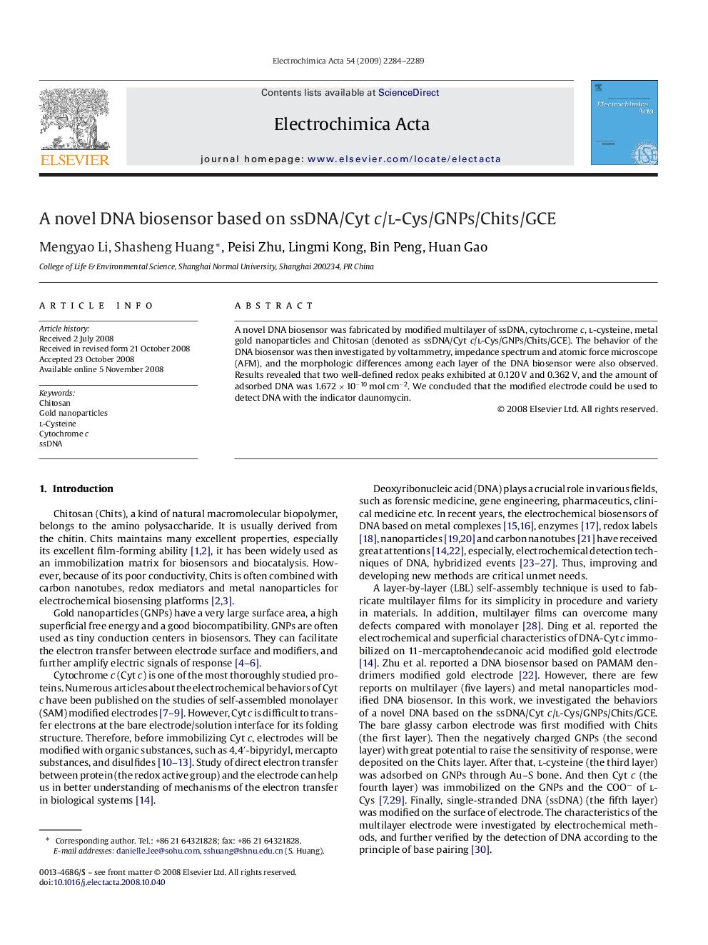 A novel DNA biosensor based on ssDNA/Cyt c/l-Cys/GNPs/Chits/GCE