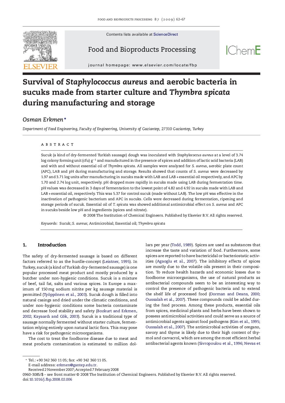 Survival of Staphylococcus aureus and aerobic bacteria in sucuks made from starter culture and Thymbra spicata during manufacturing and storage