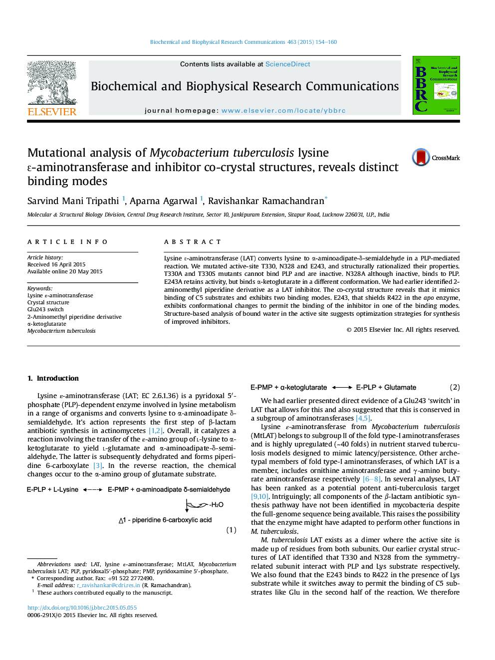 Mutational analysis of Mycobacterium tuberculosis lysine É-aminotransferase and inhibitor co-crystal structures, reveals distinct binding modes